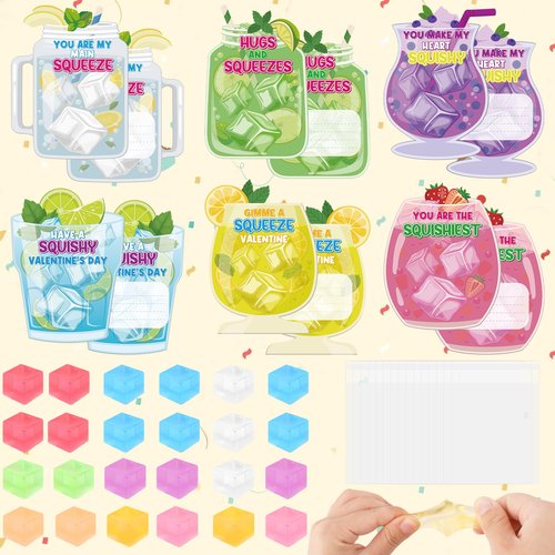 Lemicin 24 Pack Valentines Day Ice Cube Shaped Squeeze Balls with Drink Cards Stress Relief Squeeze Fidget Toys Exchange Gift for Kids Teens Adults Classroom Valentines Cards Party Favors