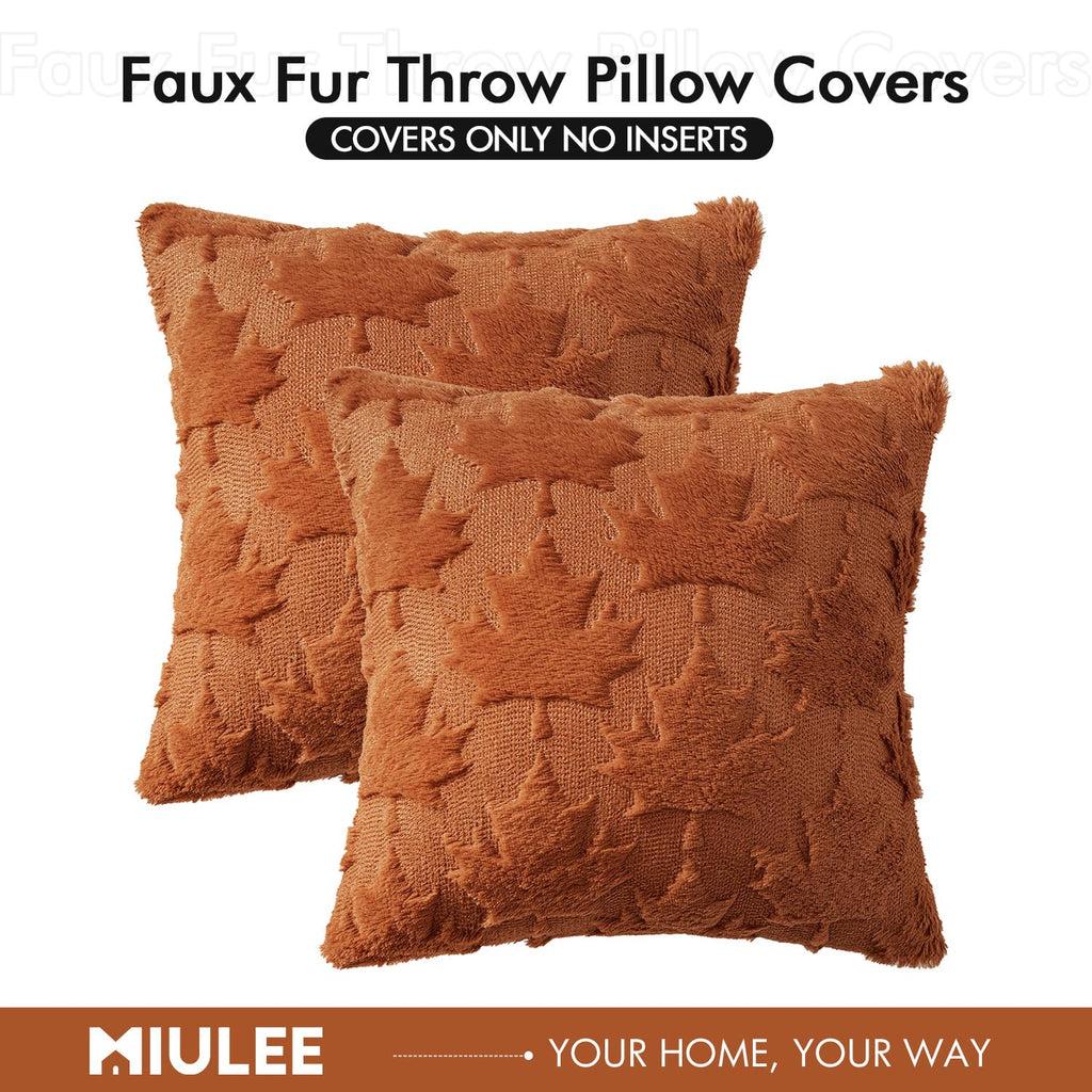 MIULEE Fall Autumn Throw Pillow Covers 18x18 Burnt Orange Set of 2 Thanksgiving Decorative Solid Maple Leaf Accent Pillow Cases Soft Plush Faux Wool for Home Decor Holiday Outdoor Porch Bedroom