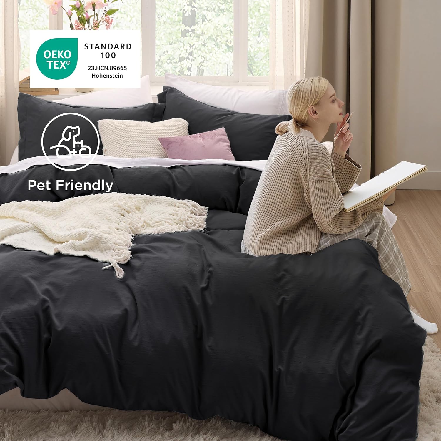Bedsure Black Duvet Cover Set - Extra Soft Cotton-Like Polyester | Full Size 3-Piece Bedding Set (80x90")