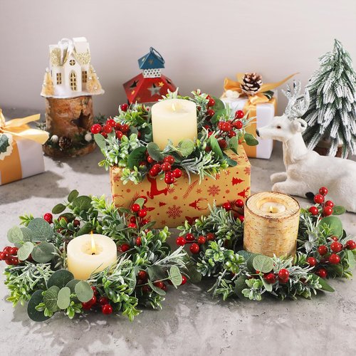 Daifunli Mini Wreaths - 8 Pcs 10 Inch Christmas Candle Rings with Red Berries & Eucalyptus Decor