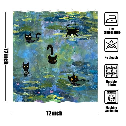 Accnicc Cute Cat Shower Curtain Funny Fun Cool Cats Monet Shower Curtains for Bathroom Water Lilies Waterproof Fabric Bath Curtain Decor 72 X 72 Inch