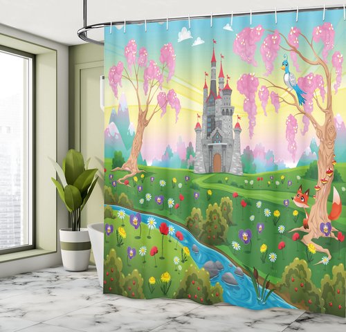 Ambesonne Cartoon Shower Curtain, Tale Castle Scenery in Floral Garden Girls Fantasy Picture, Cloth Fabric Bathroom Decor Set with Hooks, 69" W x 70" L, Pink Blue