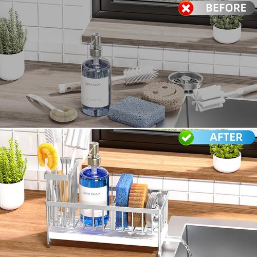 Cisily Kitchen Sink Caddy Organizer - Rustproof 304 Stainless Steel with High Brush Holder | Silver, 9.25”