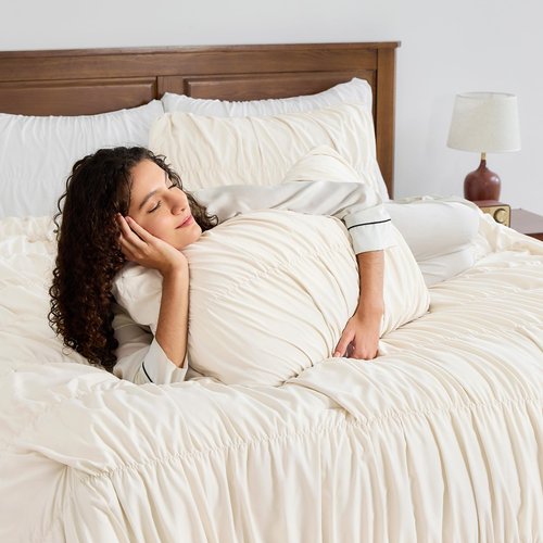 Andency Ruched Beige Queen Comforter Set, Shabby Chic Pleated Bedding Sets 3 Pieces, Lightweight Soft Boho Ruffle Bed Set for Girls, Kids, Women, All Season