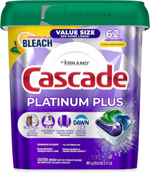 Cascade Platinum Plus Dishwasher Pods - Powerful Dish Detergent Soap with Clean Lemon Scent | 62 Count