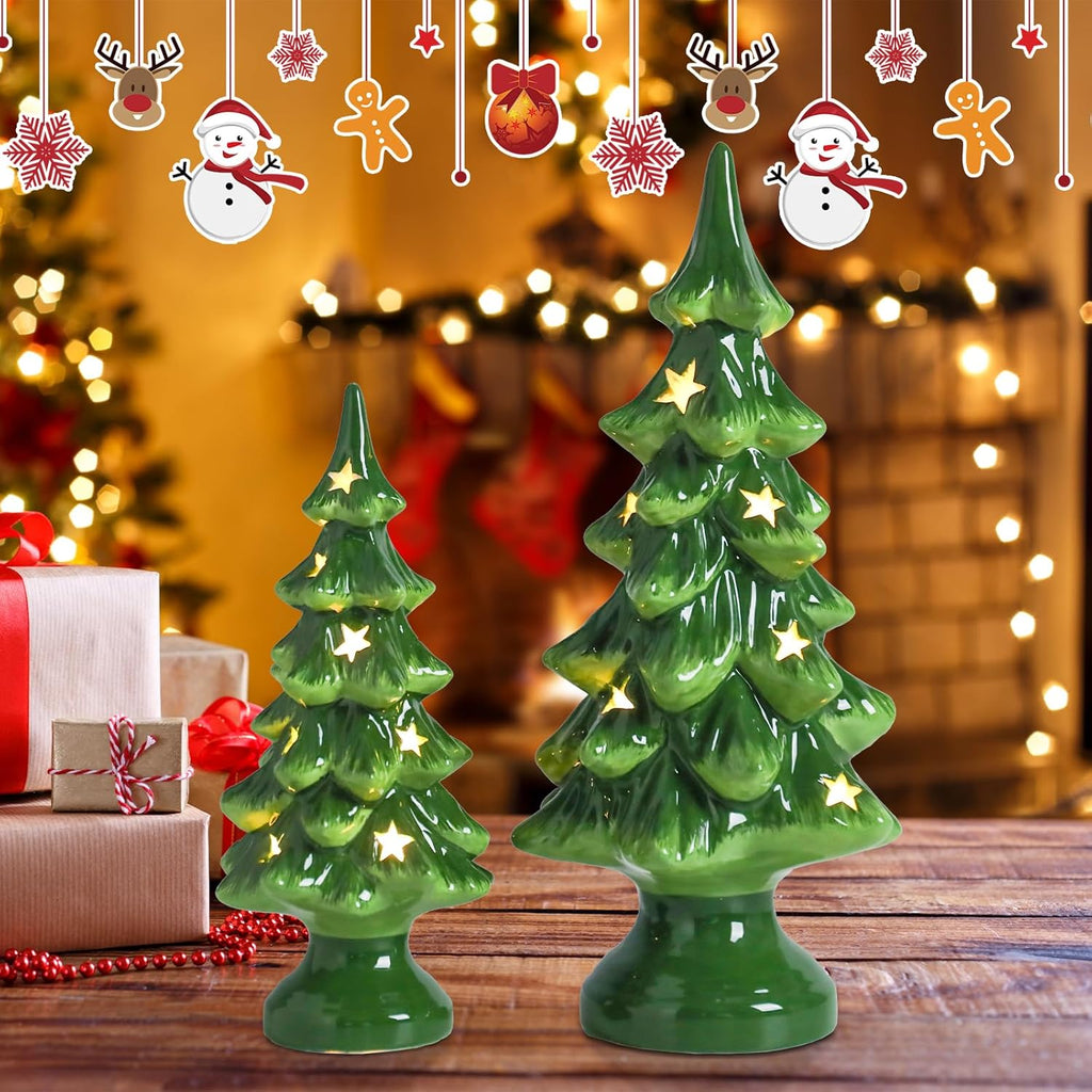 Taman Ceramic Christmas Tree | Light Up Tabletop Decoration Set of 2 - 10” & 7.5” with Warm Lights