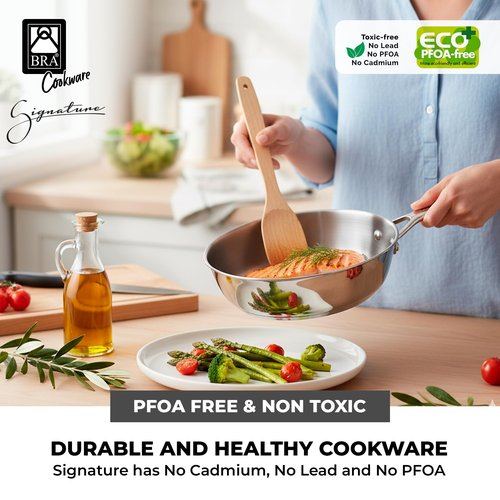 BRA COOKWARE Signature Deep Frying Pan | 11 inches Professional High Skillet | Stainless Steel Deep Frying Pan | All Stovetop Compatible | PFOA Free | w/o Non-Stick Coating | Polished Finish