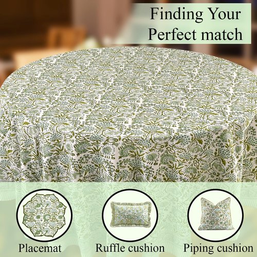 CPC Round Tablecloth- Cotton Indian Block Print Tablecloth -Handmade Printed Washable Cotton Table Cloth - Spring/Summer, Wedding Table Cover - Agate Green 90 Inch