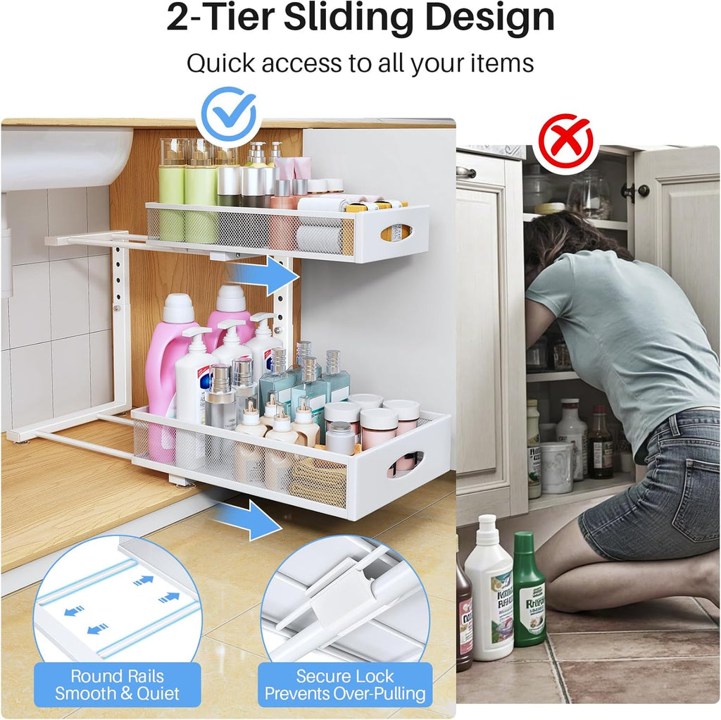 Under Sink Organizer | 2-Pack 2-Tier Pull-Out Shelf with Metal Slides & Mesh Drawers - White