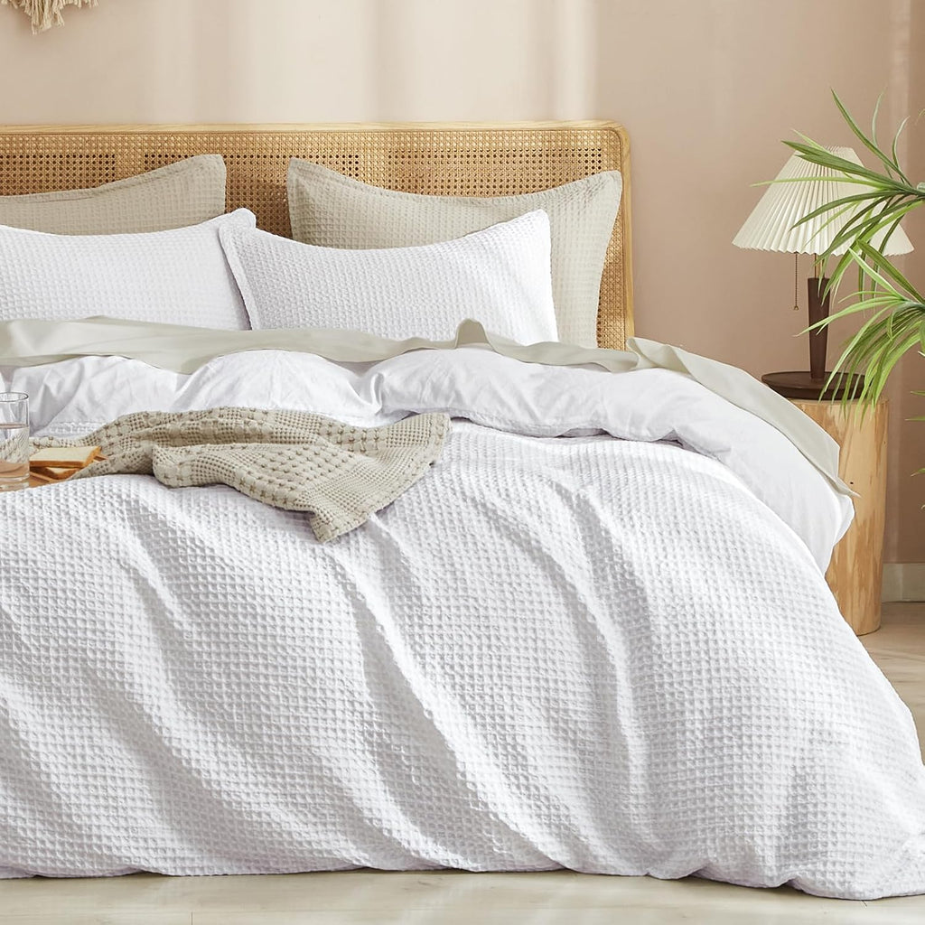 PHF Waffle Weave Duvet Cover Set - Ultra Soft Luxury King Size Bedding | 3-Piece White Set with 2 Pillow Shams (104"x90")