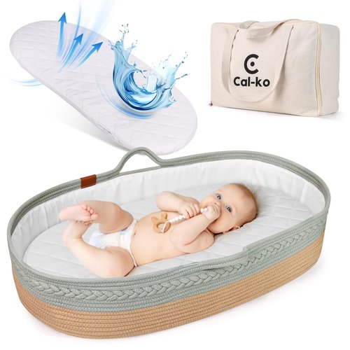 Cal-ko Moses Basket for Newborns – Baby Changing Basket with Waterproof Pad – Reinforced Mesh Sides – Includes Travel Case – Portable Diaper Basket for Dresser Top or Nursery Use (Cotton, Teal)