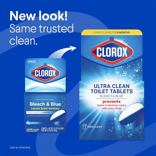 Clorox Ultra Clean Toilet Tablets - Bleach & Blue Rain Clean Scent, 2.47 Ounces Each, 2 Count