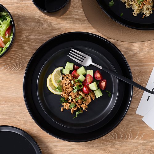 Stone Lain Jules Stoneware 16-Piece Dinnerware Set, Plates and Bowls, Service for 4, Black, Microwave & Dishwasher Safe