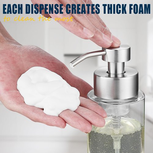 Doiliese Glass Foaming Hand Soap Dispenser, 10 oz Easy Refill Glass Soap Dispenser, Foam Dispenser with Stainless Steel Pump & Waterproof Labels, Clear Foam Soap Bottle for Bathroom Countertop