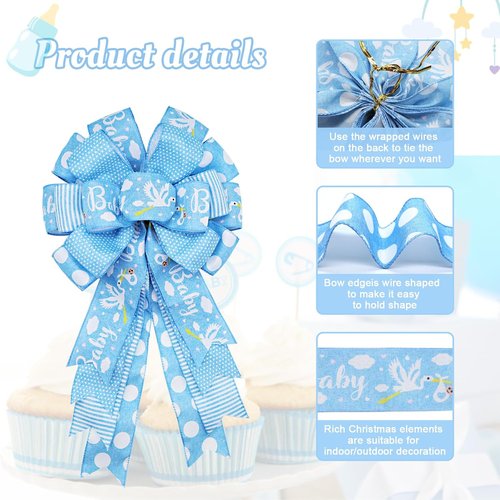 Montekin Large Baby Shower Bows - 20x11 Inch Wired Burlap Wreath Bow for Boys & Girls | Spring Decor (Blue)