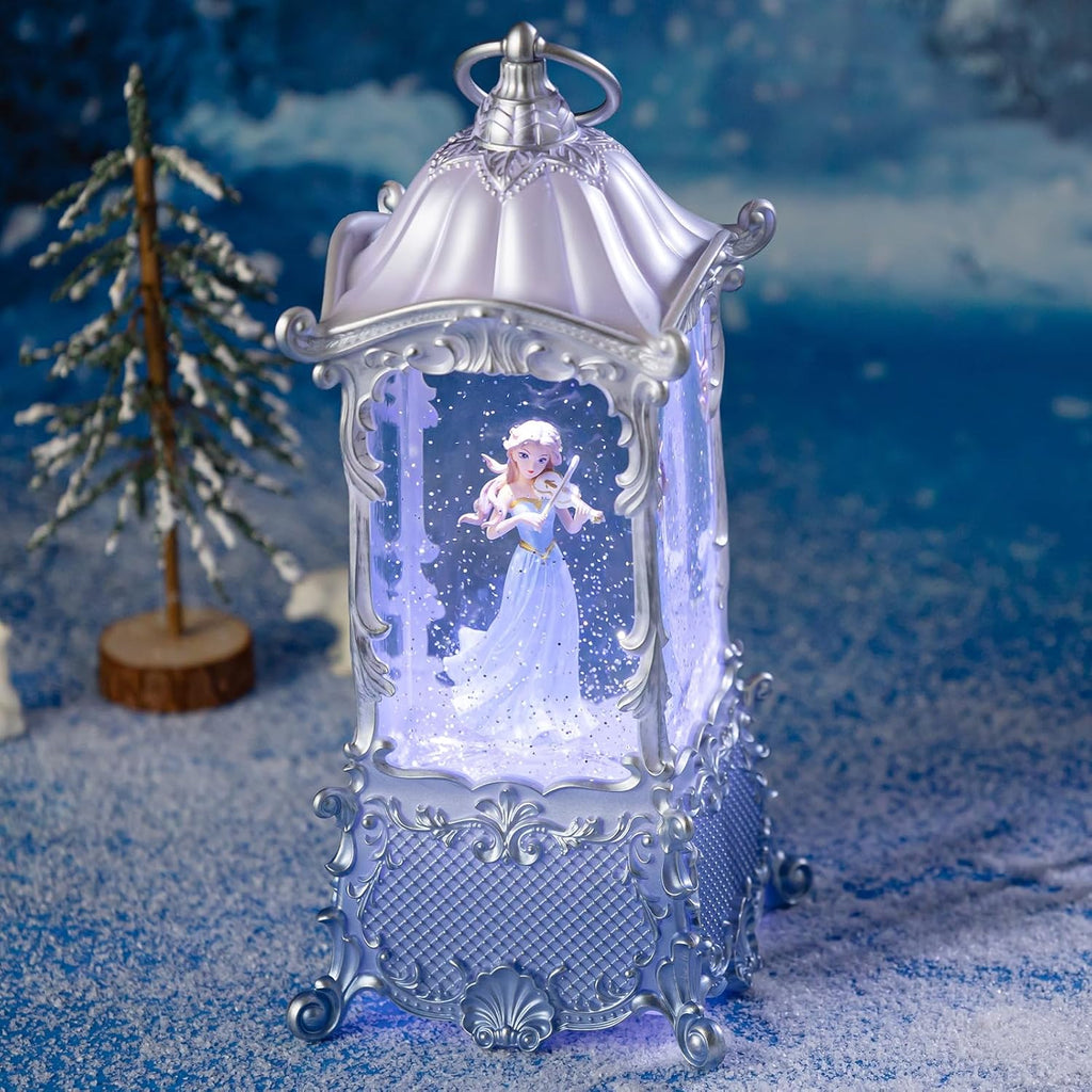 Snow Globe Lantern | Violin Girl Music Box - Shatterproof, LED Light, 8 Songs, USB/Battery Powered, Silver