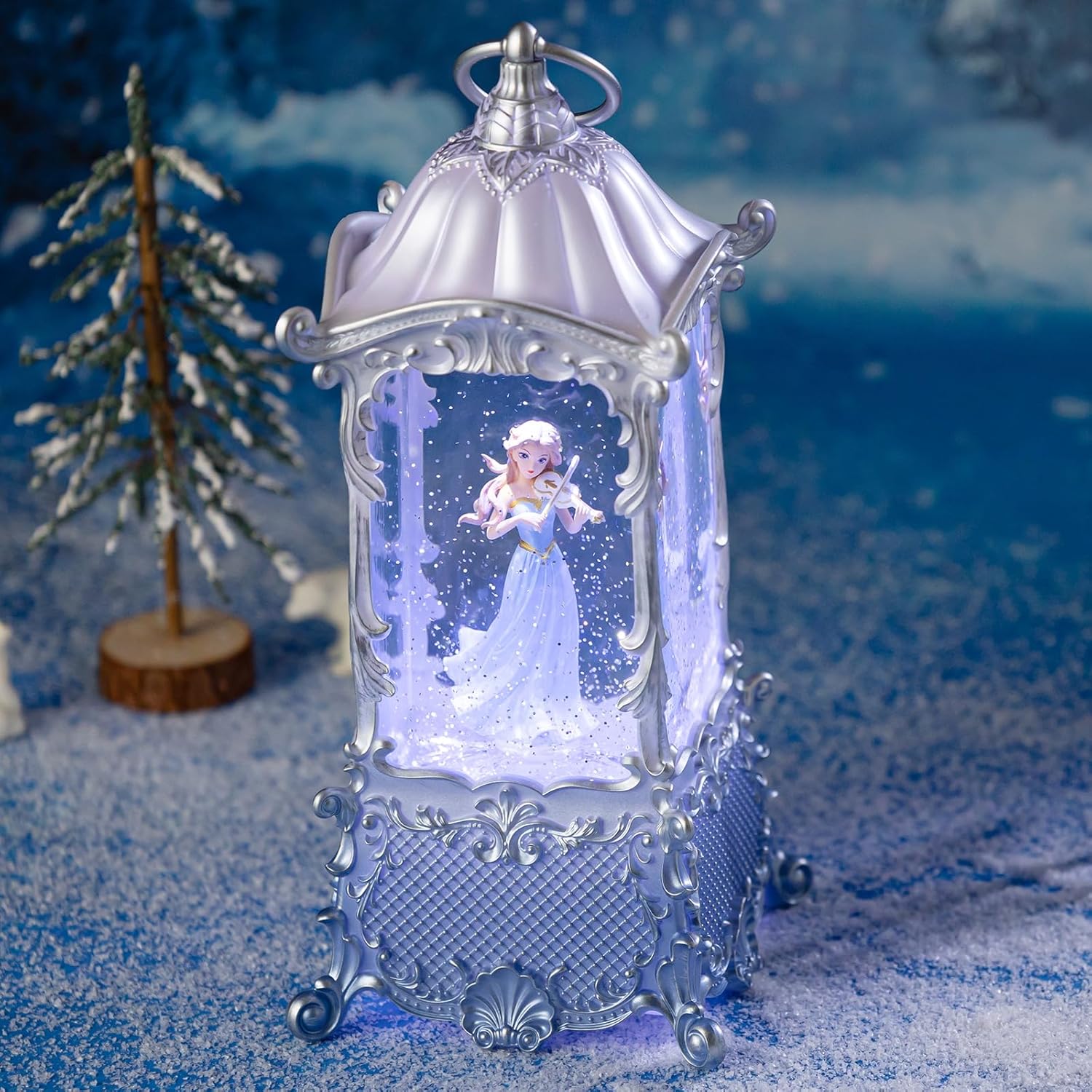 Snow Globe Lantern | Violin Girl Music Box - Shatterproof, LED Light, 8 Songs, USB/Battery Powered, Silver