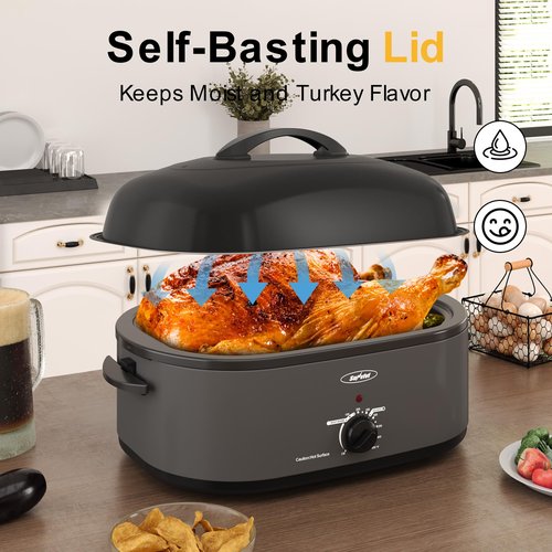 SUNVIVIPRO Roaster Oven, Electric Roaster Oven with Viewing Lid, Large Roaster with Removable Pan & Rack, Turkey Roaster with Unique Defrost/Warm Function, Stainless Steel, Grey, 20QT