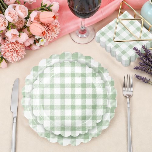 175 PCS Sage Green Gingham Party Supplies Includes Green Gingham Paper Plates, Cups, Napkins, Cutlery for Wedding Bridal Shower Birthday Baby Shower Party Decorations, Serves 25