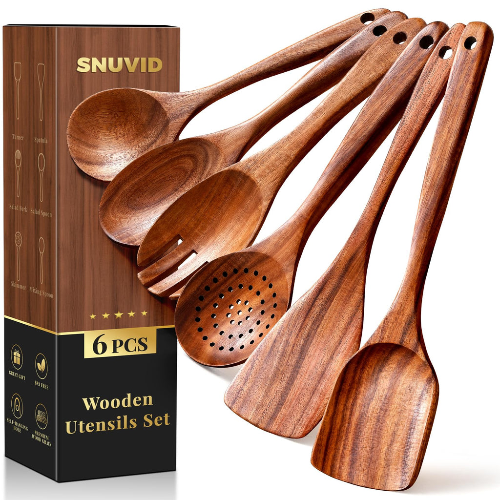 Premium Teak Wooden Spoons for Cooking, 6-Piece Wood Kitchen Utensils Set for Nonstick Cookware - Heat Resistant, Natural Healthy Spatula Set with Hanging Holes - Durable, Scratch-Free & Handcrafted