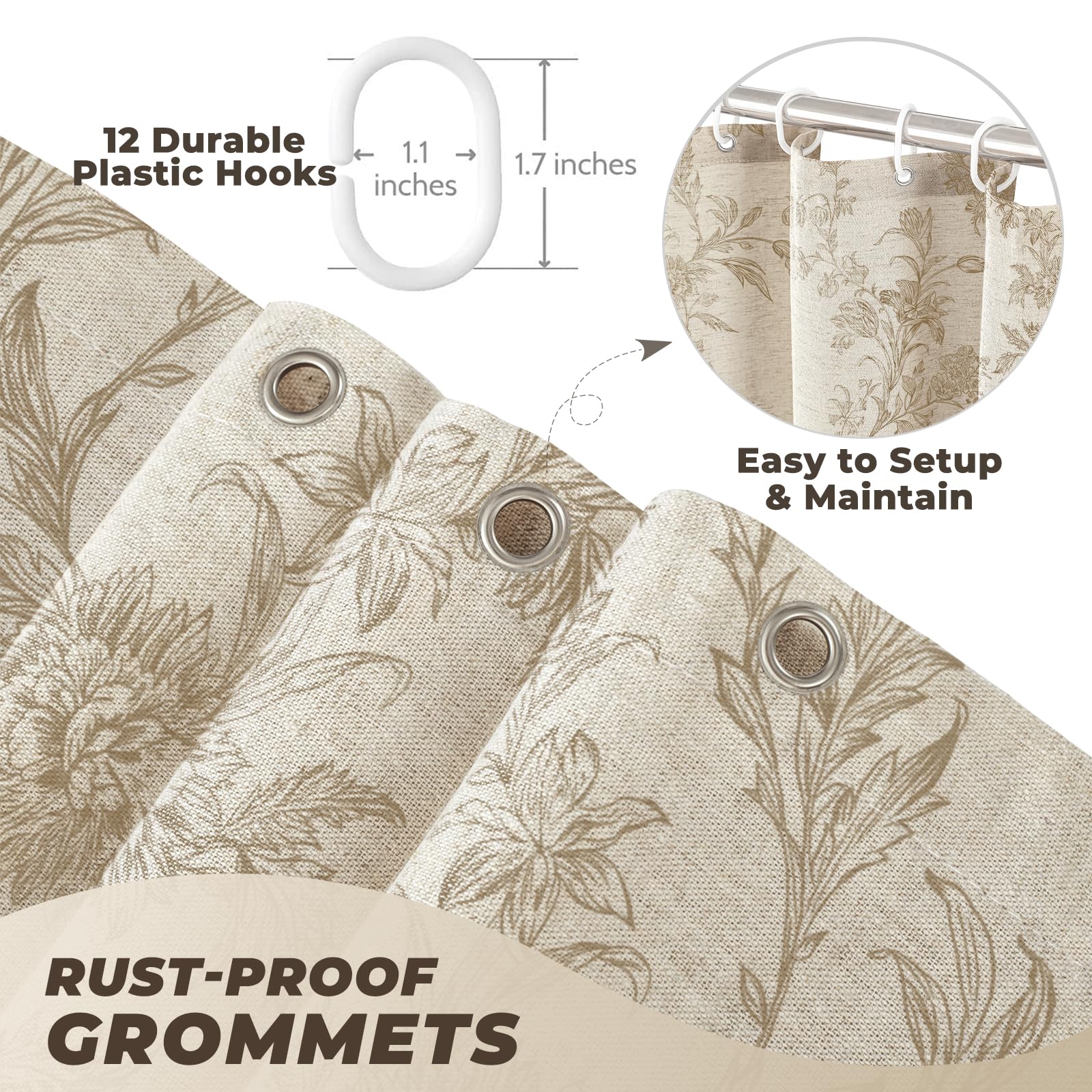 TURKIO Floral Shower Curtain Beige Linen Shower Curtain Rustic Vintage Shower Curtains Boho Farmhouse Shower Curtains for Bathroom French Country Cottagecore