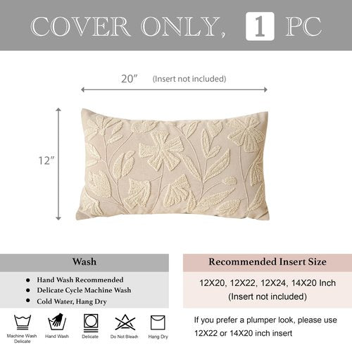 BlissBlush 12x20 Lumbar Pillow Cover, Rectangular Neutral Beige Decorative Throw Pillowcase for Couch Sofa, Embroidered Velvet Farmhouse Accent Cushion (Cover Only)