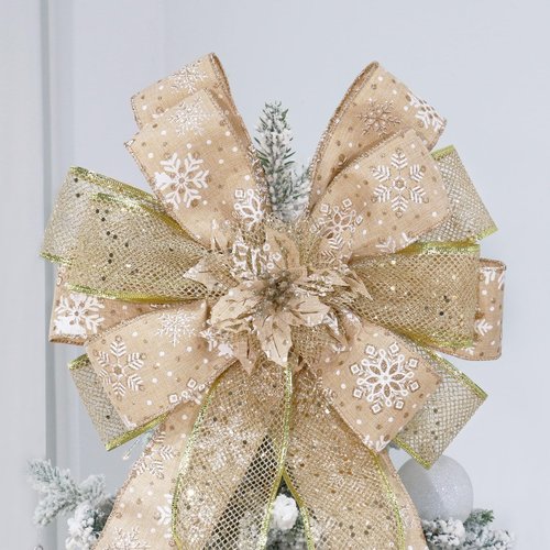 YINGQIWISH Christmas Tree Topper, Bow Large Christmas Bow Tree Topper, for Xmas Ornament Holiday Home Wedding Thanksgiving Indoor/Outdoor Decoration (Gold)