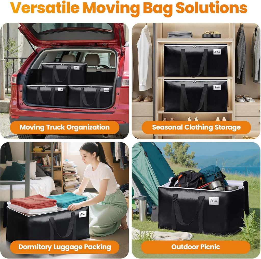 Skiennix Heavy-Duty Moving Bags - Extra Capacity Storage Totes with Backpack Straps | 6 Pack, Black