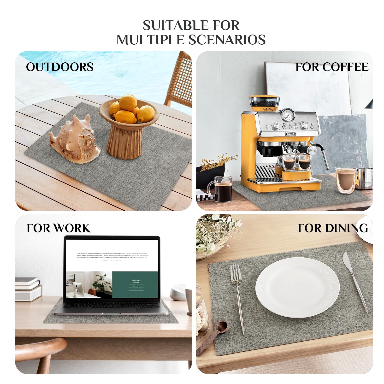 Softalker Vinyl Placemats Set of 6 - Faux Leather Heat Resistant Place Mats, 100% Waterproof Oilproof Wipe Clean Table Mats for Indoor & Outdoor Use, 17’’×12’’, Light Grey