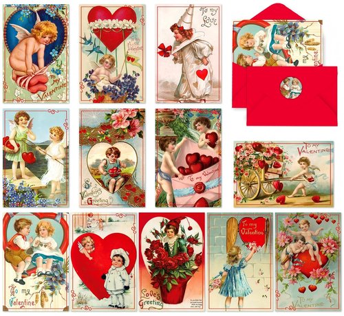 24 Pcs Vintage Valentine's Cards Victorian Galentine Assorted Retro Kids Red Postcards Blank Greeting Notes Cards with Envelopes for Classroom Exchange Valentine's Day Wedding Anniversary, 6 x 4 Inches, 12 Styles
