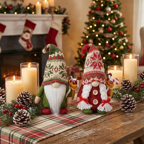 Paersion 2PCS 9.5 Inch Christmas Gnome Plush Decorations, Handmade Scandinavian Tomte Elf Figurines with Gift, Nordic Xmas Gnome Ornaments for Holiday Home Table Office Decor