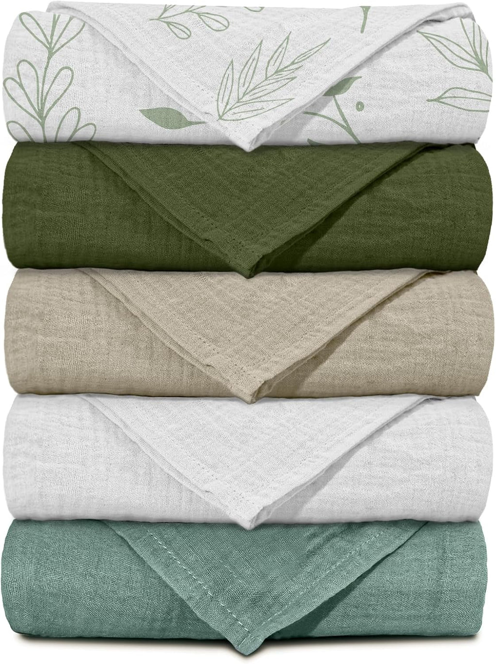 Skiennix Muslin Receiving Blankets - Breathable Neutral Swaddle Wraps for Newborns | 5 Pack Bright Leaves