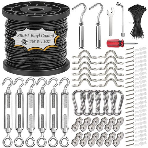 Toyeah 1/16" Wire Rope Kit with 300FT Vinyl Coated 304 Stainless Steel Wire Rope with M5 Turnbuckle, 7x7 Strand Core Tensioner Kit for String Light Hanging, Garden, Clothes Line and Plant Climbing