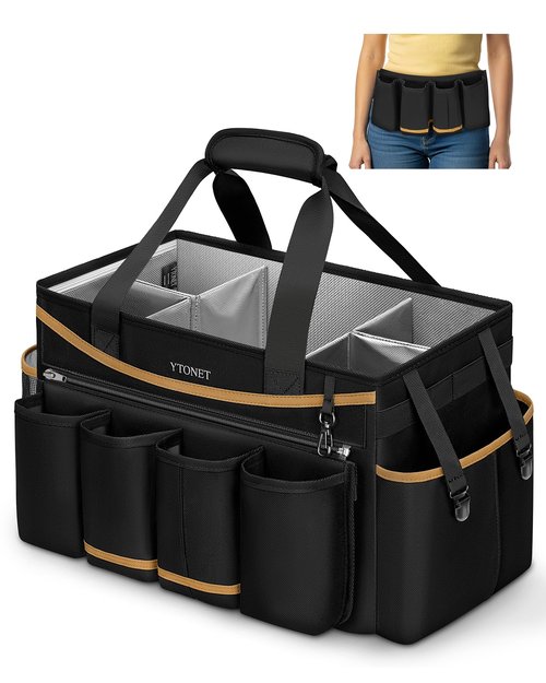 Ytonet Cleaning Caddy Bag with Detachable Apron, Extra Large Cleaning Supplies Organizer with Foldable Dividers, Portable Cleaner Tote with Handle, Cleaner Caddy for Housekeeper, Black