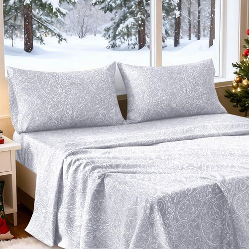ROOYE Christmas Queen Size Bed Sheets, 4 Piece Floral Pattern Sheets Queen, 17" Deep Pocket, Soft Luxury Brushed Microfiber Cooling Sheets, Easy Care, Light Grey Paisley