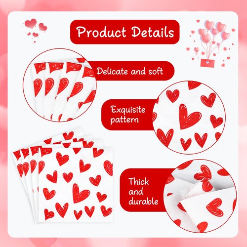 100 PCS Valentine's Day Cocktail Napkins Red Heart Disposable Dinner Napkin 3-Ply Valentines Hearts Paper Napkins for Valentine's Day Weddings Bridal Baby Shower Tea Birthday Party Supplies