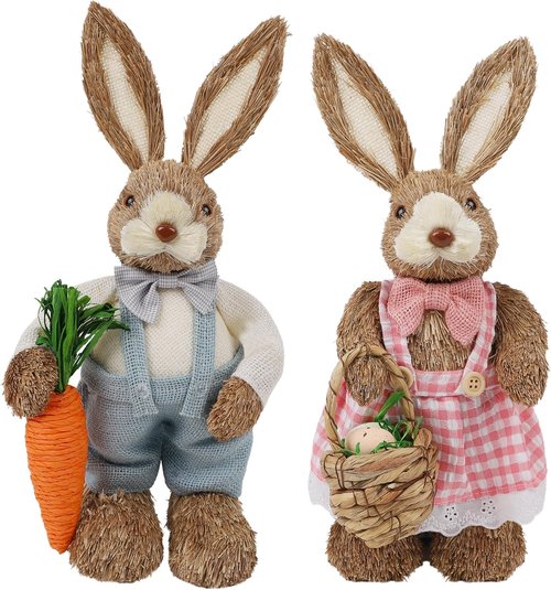 DR.DUDU Easter Decorations - Set of 2 14" Sisal Bunny Figurines with Carrot & Egg | Spring Farmhouse Centerpieces