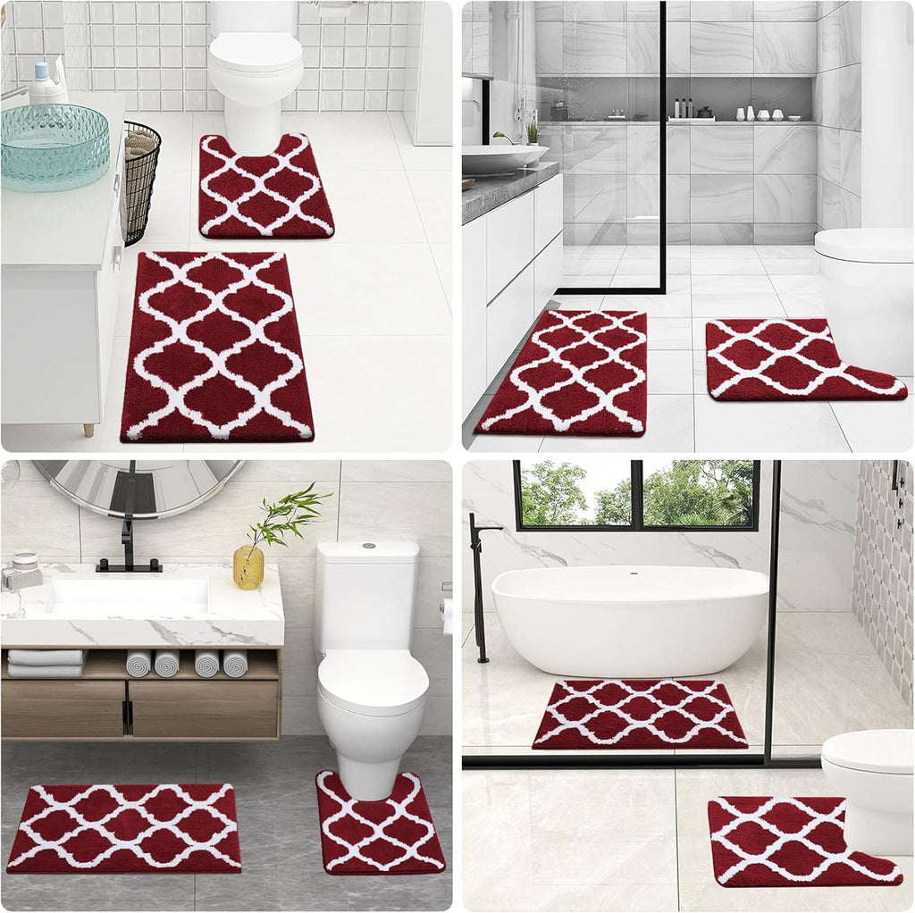 OLANLY Bathroom Rugs Set - Non-Slip Microfiber Bath Mat & U-Shaped Toilet Rug - Burgundy (30"x20" + 24"x20")