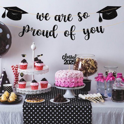 Qumic Graduation Decorations - 10 ft Black We are so Proud of You Banner, Black Graduate Banner, Happy Grad Supplies, Graduation Decorations for Middle School, High School, College