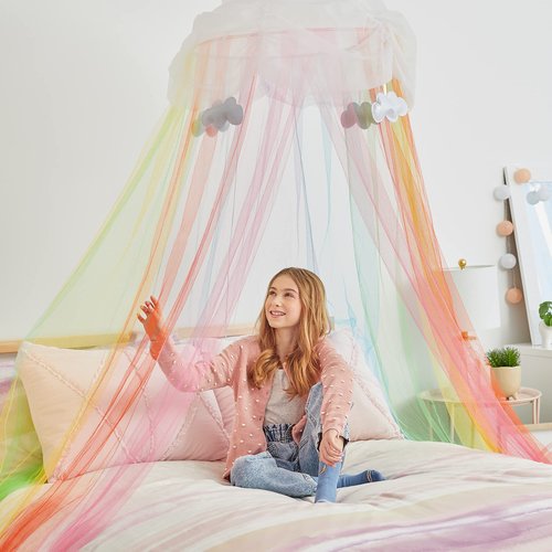 3C4G Rainbow Bright Canopy - Rainbow Bed Canopy for Girls - Hanging Net Canopy for Beds, Chairs & Reading Corners - 8’ Height & 24’ Diameter Hoop - for Ages 6+ by Make It Real