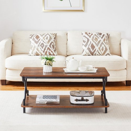 VECELO 39-Inch Coffee Table with Storage and Open Shelves for Living Dining Room, Modern Rectangle & Industrial Design, X-Shape Frame, Brown