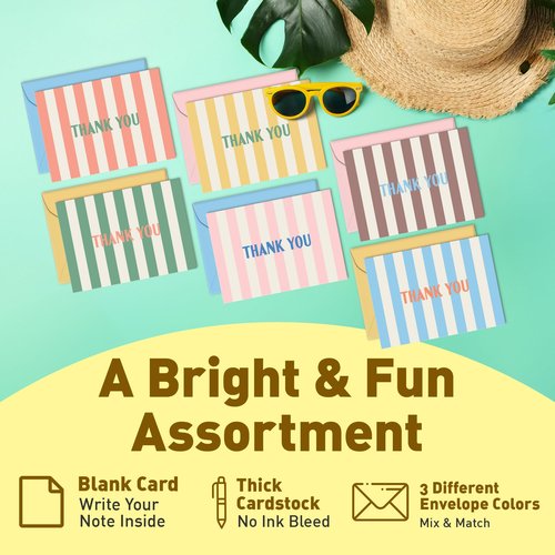 Sweetzer & Orange Summer Stripes Thank You Cards – Set of 24 Blank Cards with Envelopes – 6 Colorful Designs (4 of Each) – 4x5.5 Flat Note Cards – Pastel Pink, Blue & Yellow Envelopes – Thick Paper