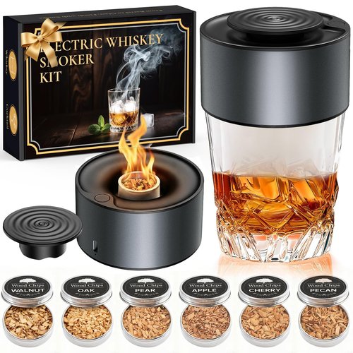 Electric Whiskey Smoker Kit, Rechargeable Bourbon Smoker Kit with 6 Flavors of Natural Wood Chips, Drink Smoker Infuser Kit Cocktail Idea Christmas Birthday Gifts for Men Husband Dad Him