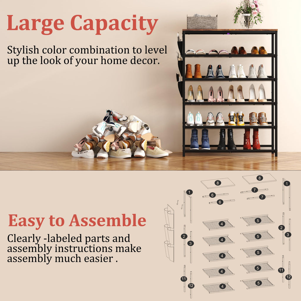 HOMEFORT 6 Tiers Shoe Rack for Entryway,30" Shoe Storage Shelf for Closet, Shoe Organizer with Adjustable Mesh Shelves, for 18-24 Pairs of Shoes, Industrial Shoe Stand with Side Pocket,Rustic Brown