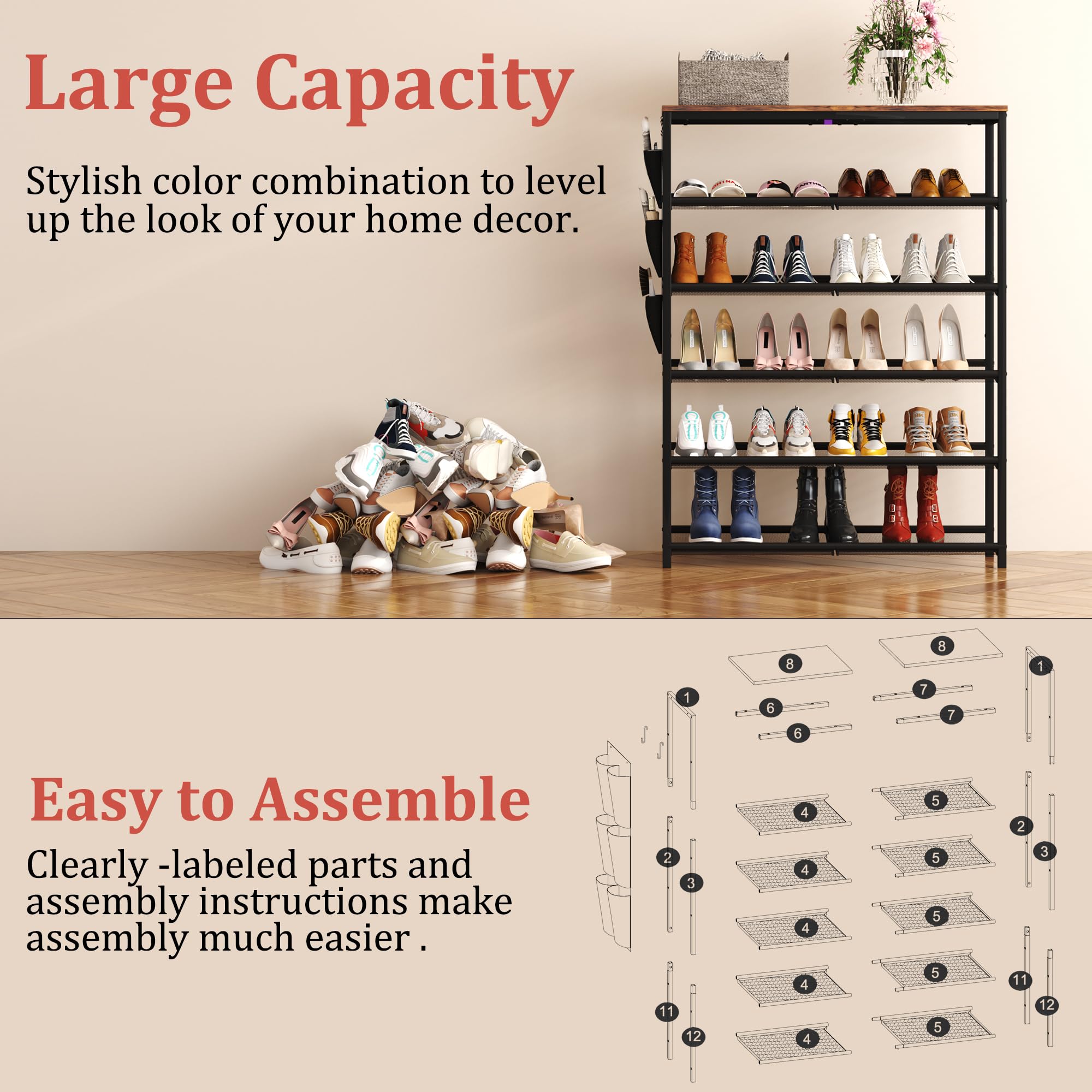 HOMEFORT 6 Tiers Shoe Rack for Entryway,30" Shoe Storage Shelf for Closet, Shoe Organizer with Adjustable Mesh Shelves, for 18-24 Pairs of Shoes, Industrial Shoe Stand with Side Pocket,Rustic Brown