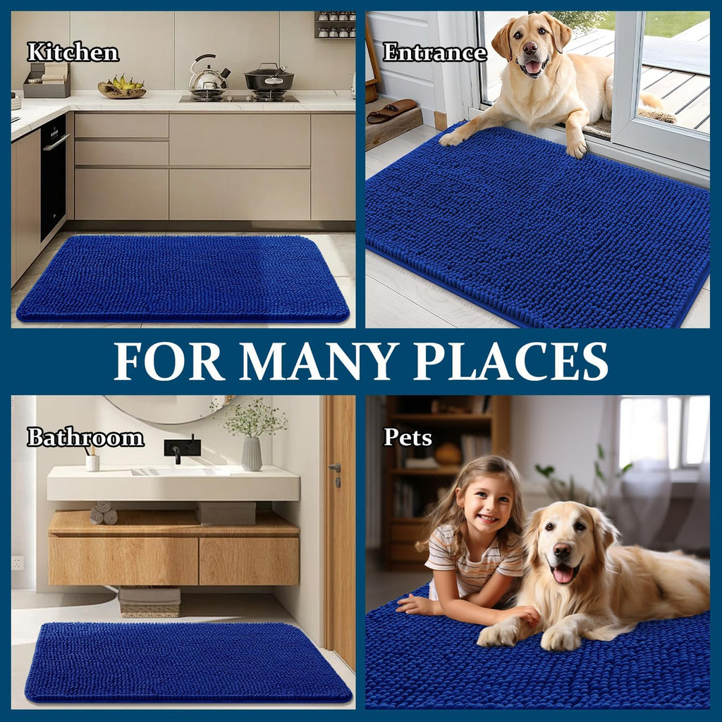 OLANLY Dog Door Mat - Absorbent Non-Slip Chenille for Muddy Paws | Quick Dry 47x17 Royal Blue Doormat