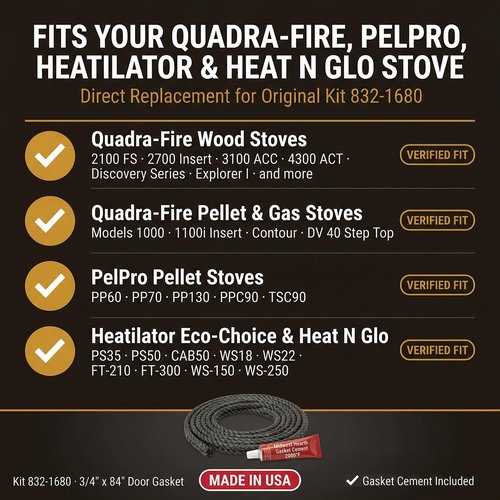 Midwest Hearth 832-1680 Door Rope Gasket and Adhesive 3/4" x 84" | Fits Quadra-Fire, PelPro, Heatilator & Heat N Glo | Graphite Fiberglass | Made in USA
