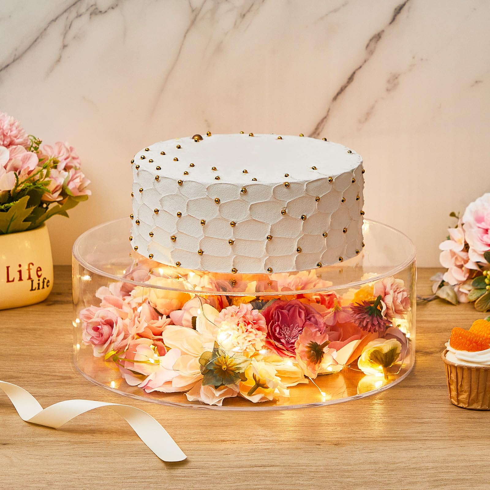 Sunnyray 2 Pcs Acrylic Cake Stands for Dessert Table Clear Fillable Cake Riser Cupcake Tier with LED Strings for Birthday Wedding Holiday Party Display(14'', 16'')