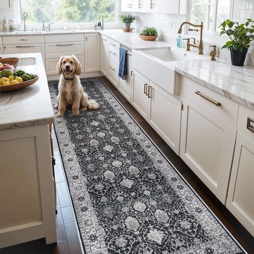 Hallway Washable Runner Rug - Vintage Non-Slip 3x10 Soft Floor Mat for Kitchen, Entryway & Living Room | Black