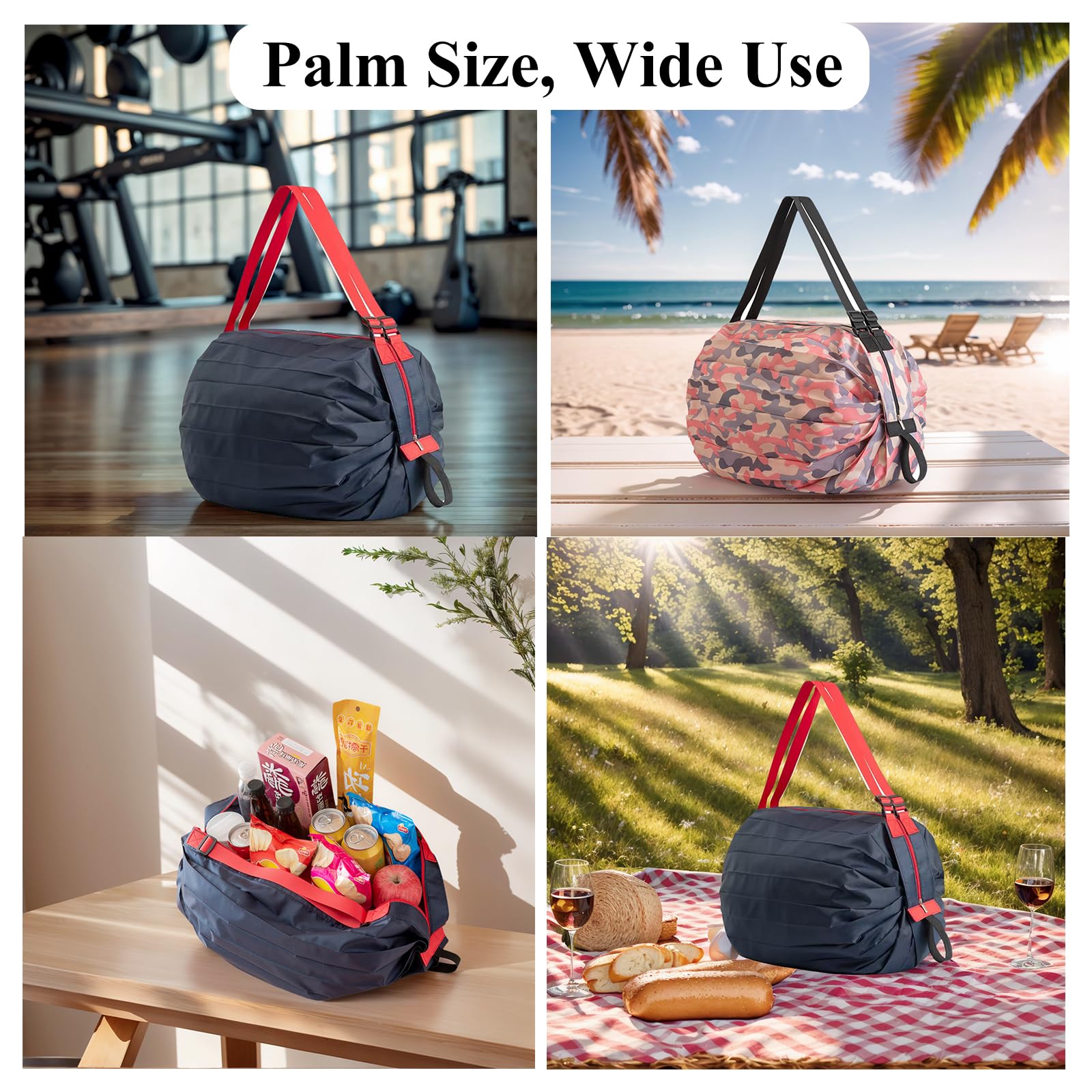 XKE-X 2 Pack Foldable Reusable Shopping Bags - 210D Nylon Waterproof Grocery Bag with Zipper & Adjustable Straps, Compact Travel Duffel Tote Bag for Groceries, Beach, Storage